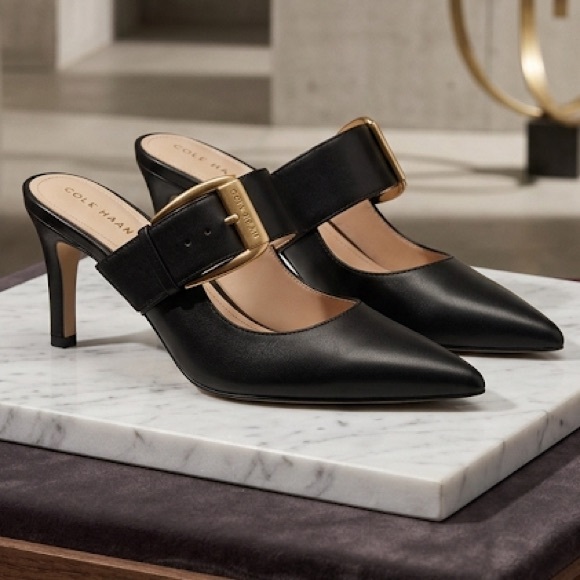 Cole Haan Shoes - COLE HAAN Kitten Heel Mules with Gold Buckle